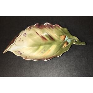 Vintage Ucagco Accents Hand Painted Japan Leaf Trinket Dish 6”inches In Length